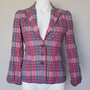 Robert Graham Pink Plaid Gauzy Cotton Puff Shoulder Blazer Women's Size XS